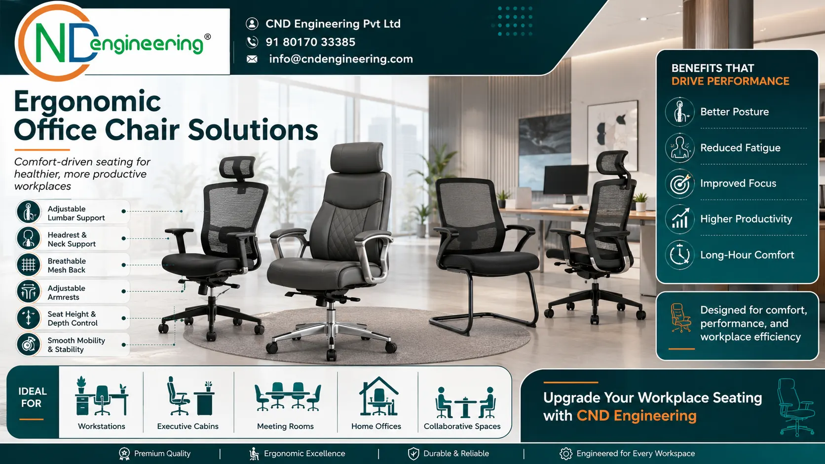 Ergonomic Office Chair Solutions infographic by CND Engineering Pvt Ltd