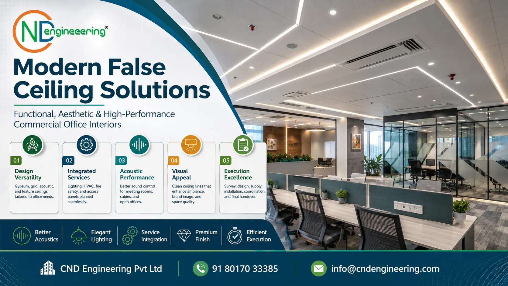 Modern false ceiling solutions for functional aesthetic and high-performance commercial office interiors by CND Engineering