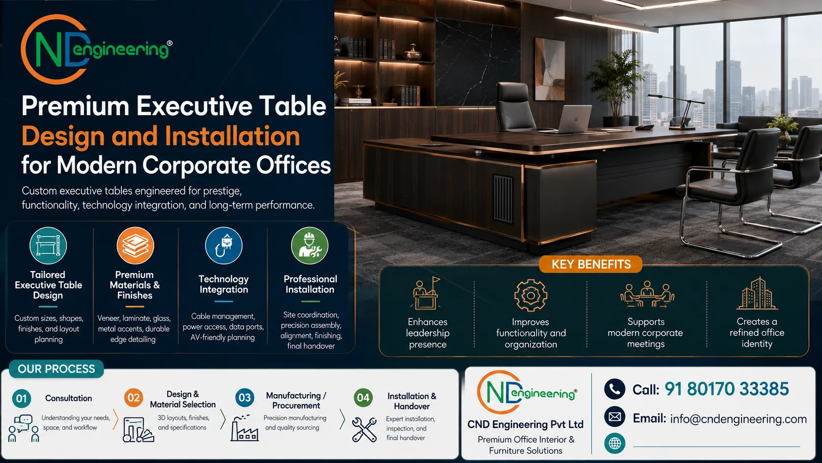 Premium executive table design and installation infographic by CND Engineering
