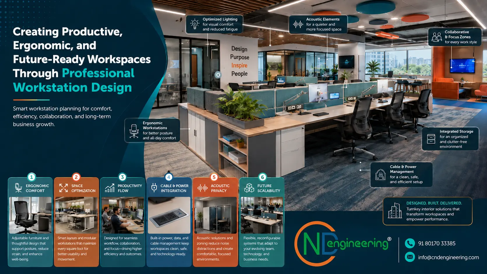 CND Engineering workstation design solutions infographic for productive ergonomic and future-ready workspaces