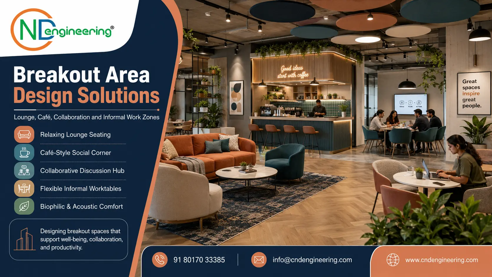 Breakout area design solutions with lounge, cafe, collaboration and informal work zones