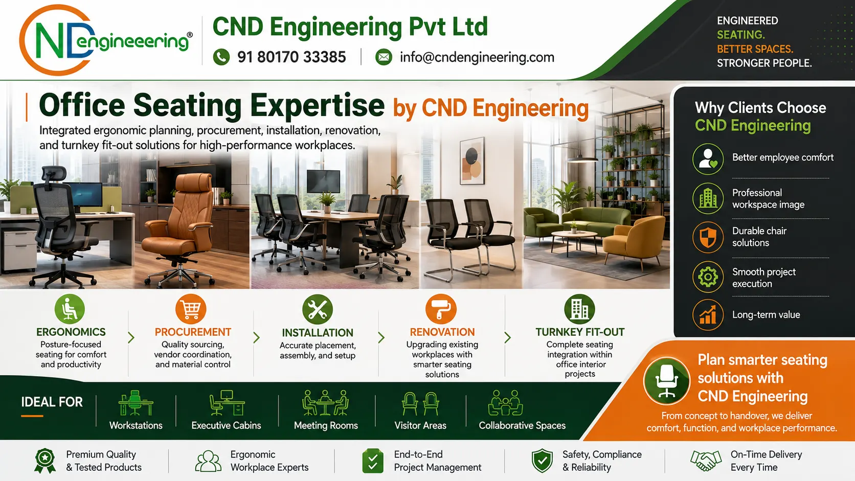 CND Engineering office seating expertise combining ergonomics, procurement, installation, renovation, and turnkey fit-out capability.