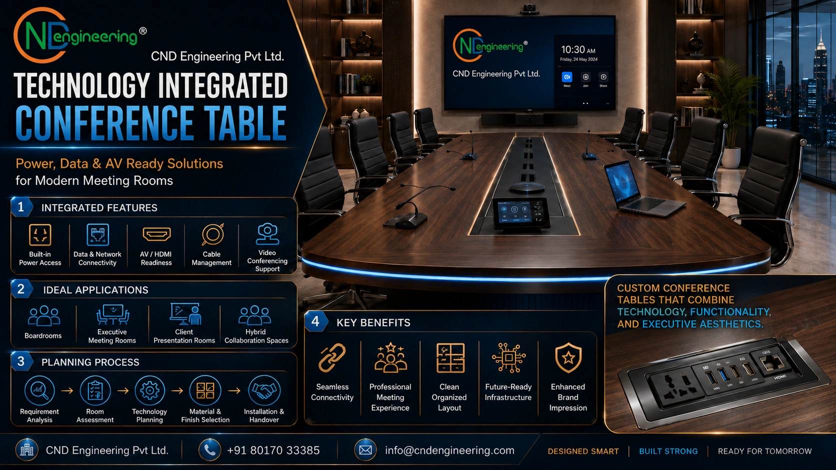 Technology integrated conference table with power data and AV readiness