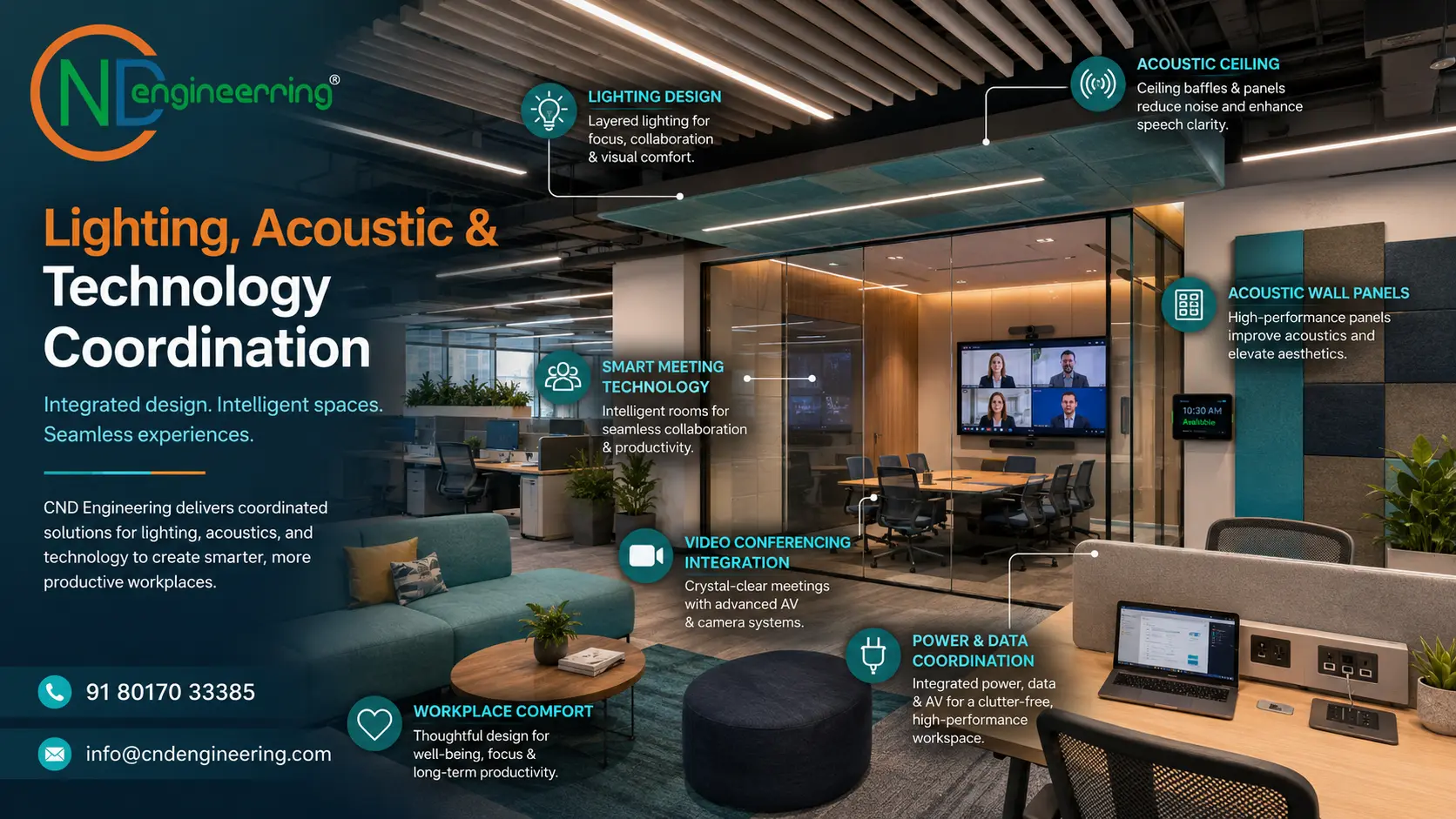 Full-width image placeholder for lighting, acoustic and technology coordination for CND Engineering design development services