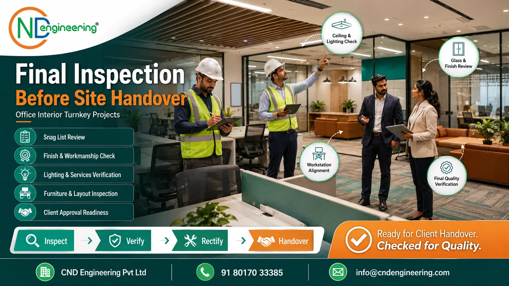 Final inspection of completed office interior before site handover
