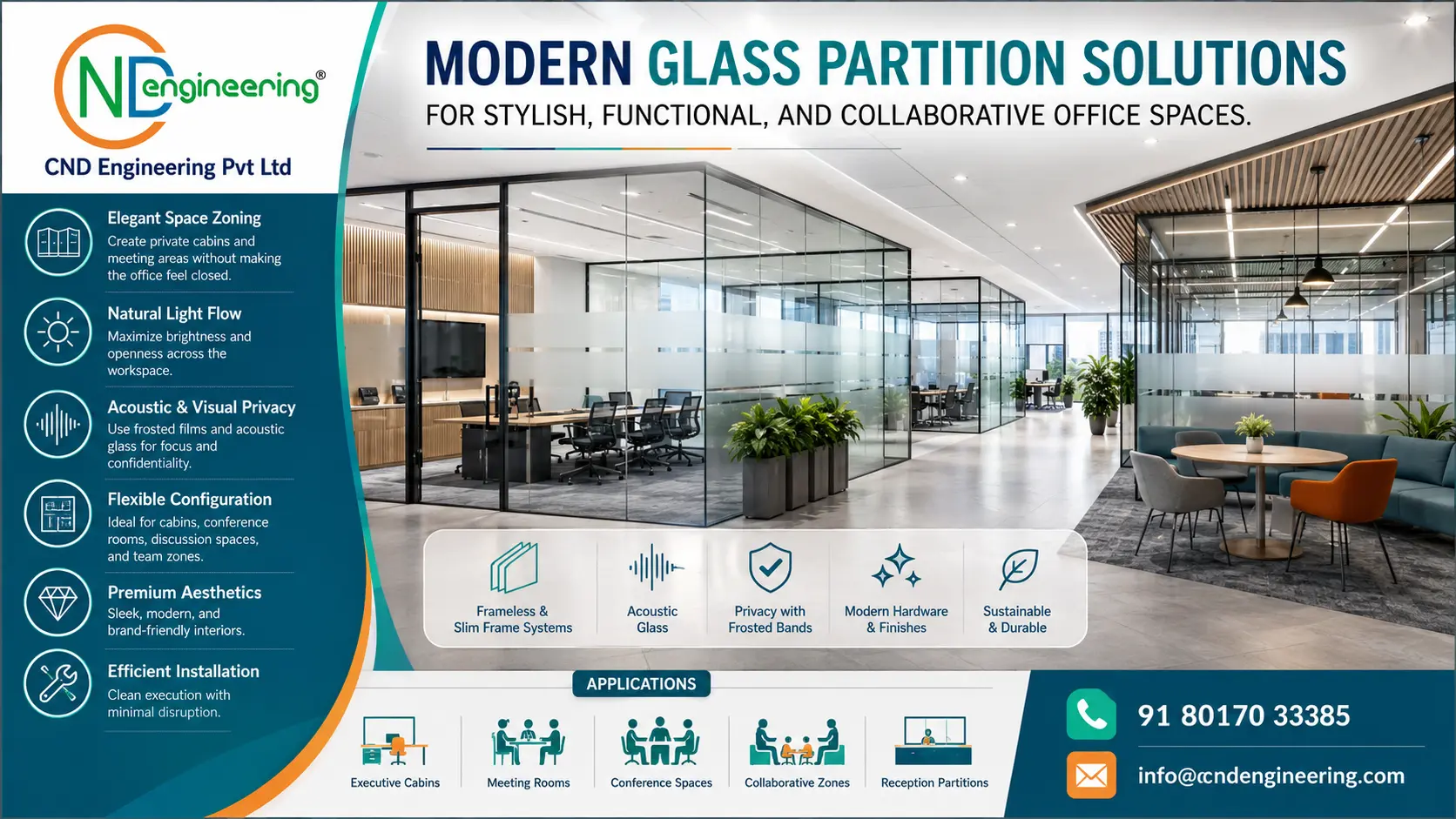 Modern glass partition solutions by CND Engineering for stylish functional collaborative office spaces