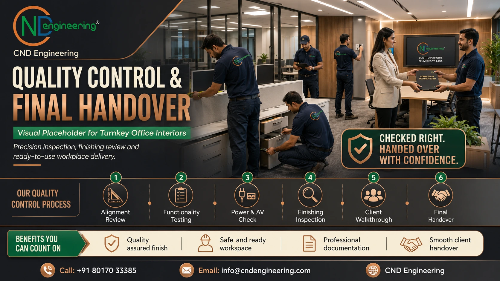 Quality control and final handover visual placeholder for turnkey office interiors